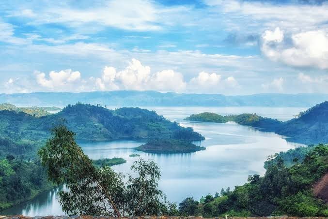 Panoramic view of Lake Kivu's islands and hills