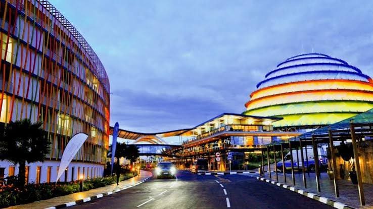 Kigali street scene at dusk near the Kigali Convention Centre