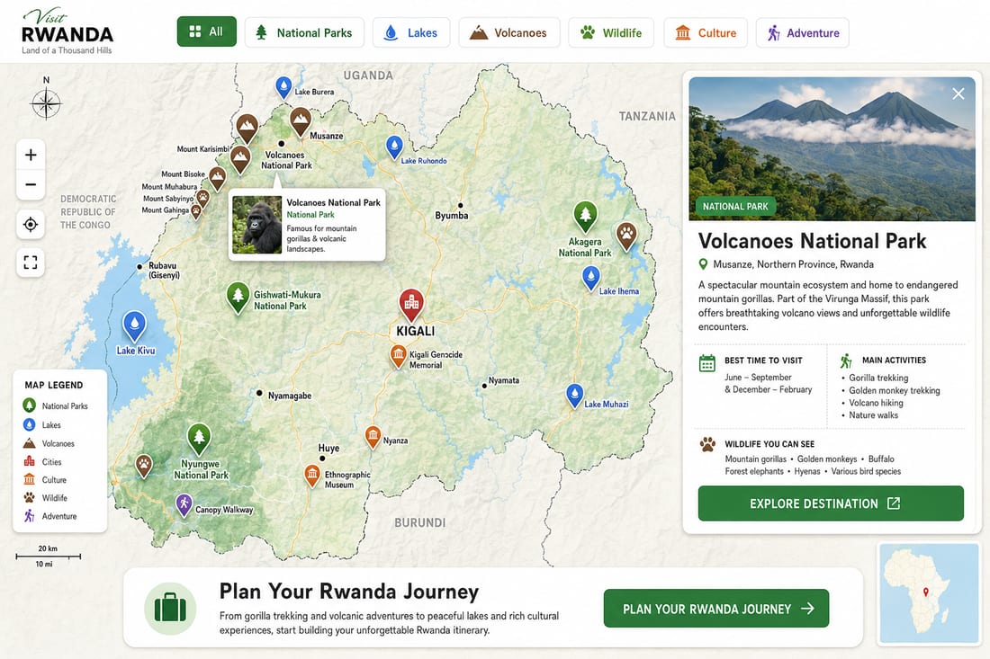 Map of Rwanda's national parks, lakes, volcanoes and cities, showing Kigali, Akagera, Nyungwe, Lake Kivu, Volcanoes National Park and Musanze