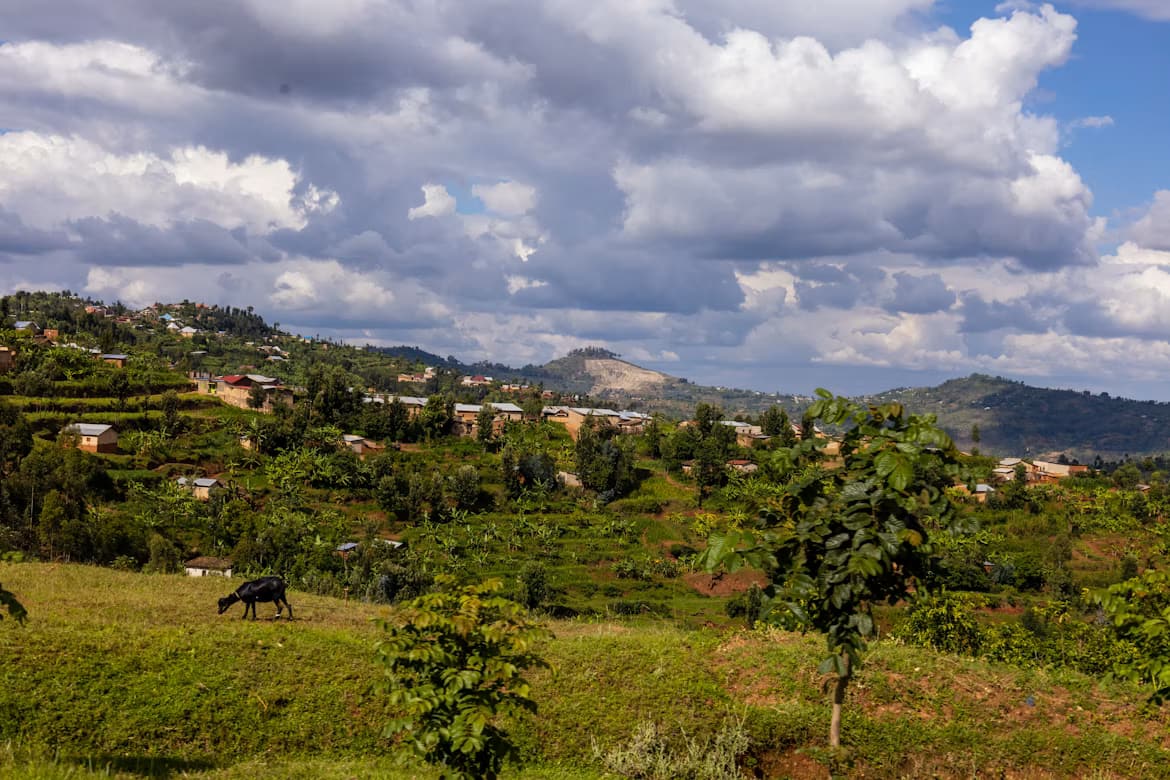 Hillside settlement under clouds in Rwanda