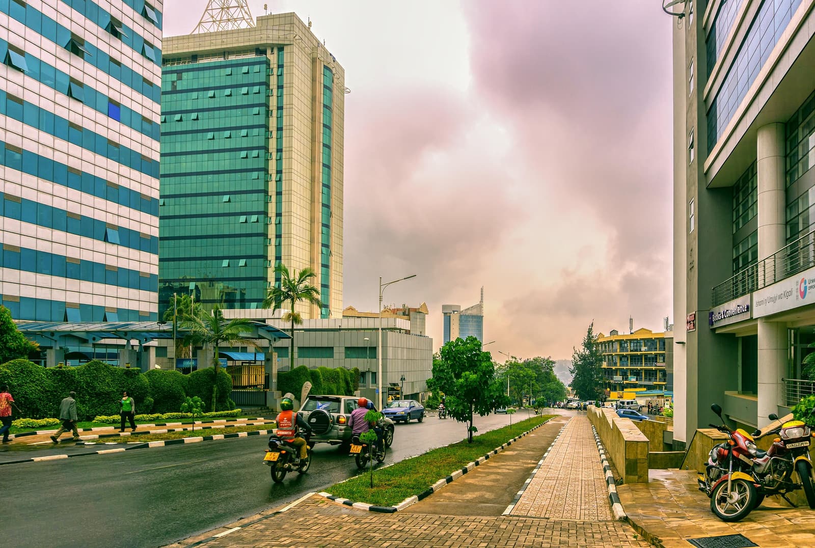 Kigali business district towers along a street