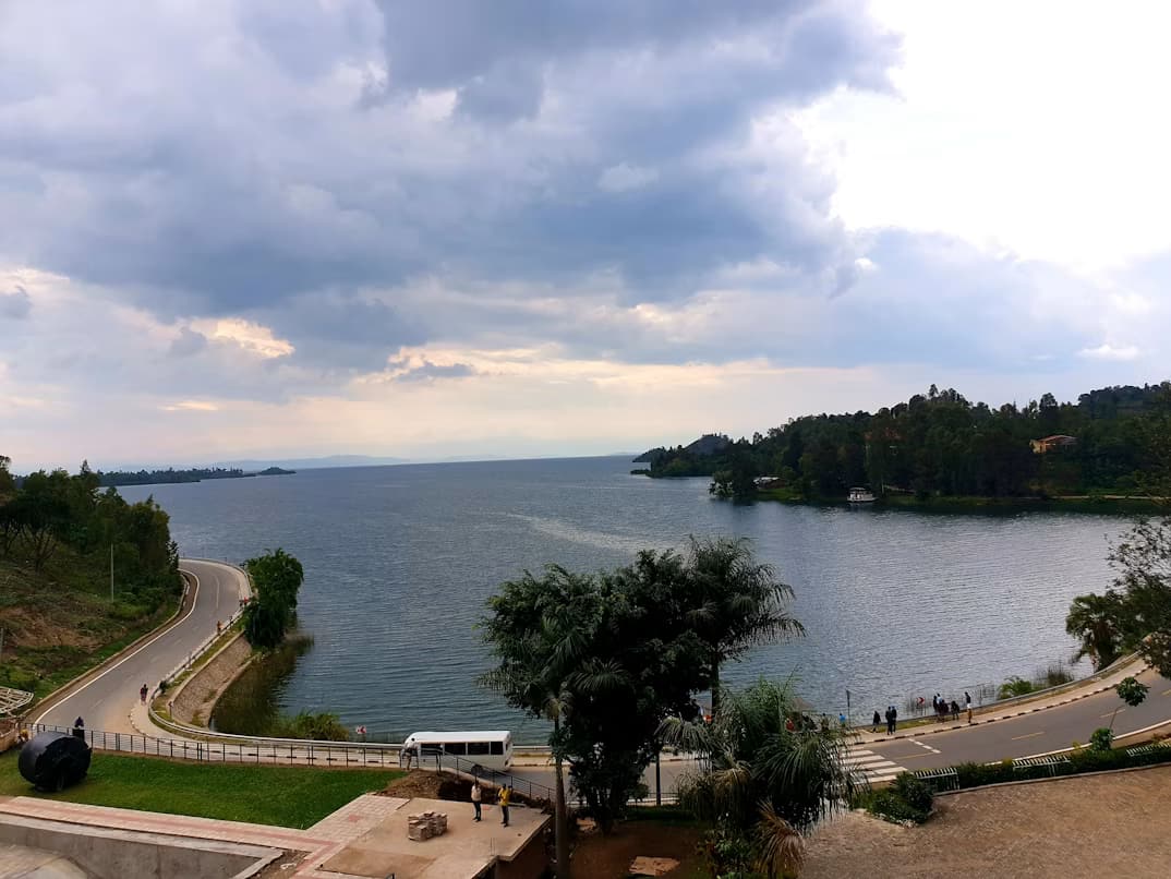 Lake Kivu shoreline at dusk