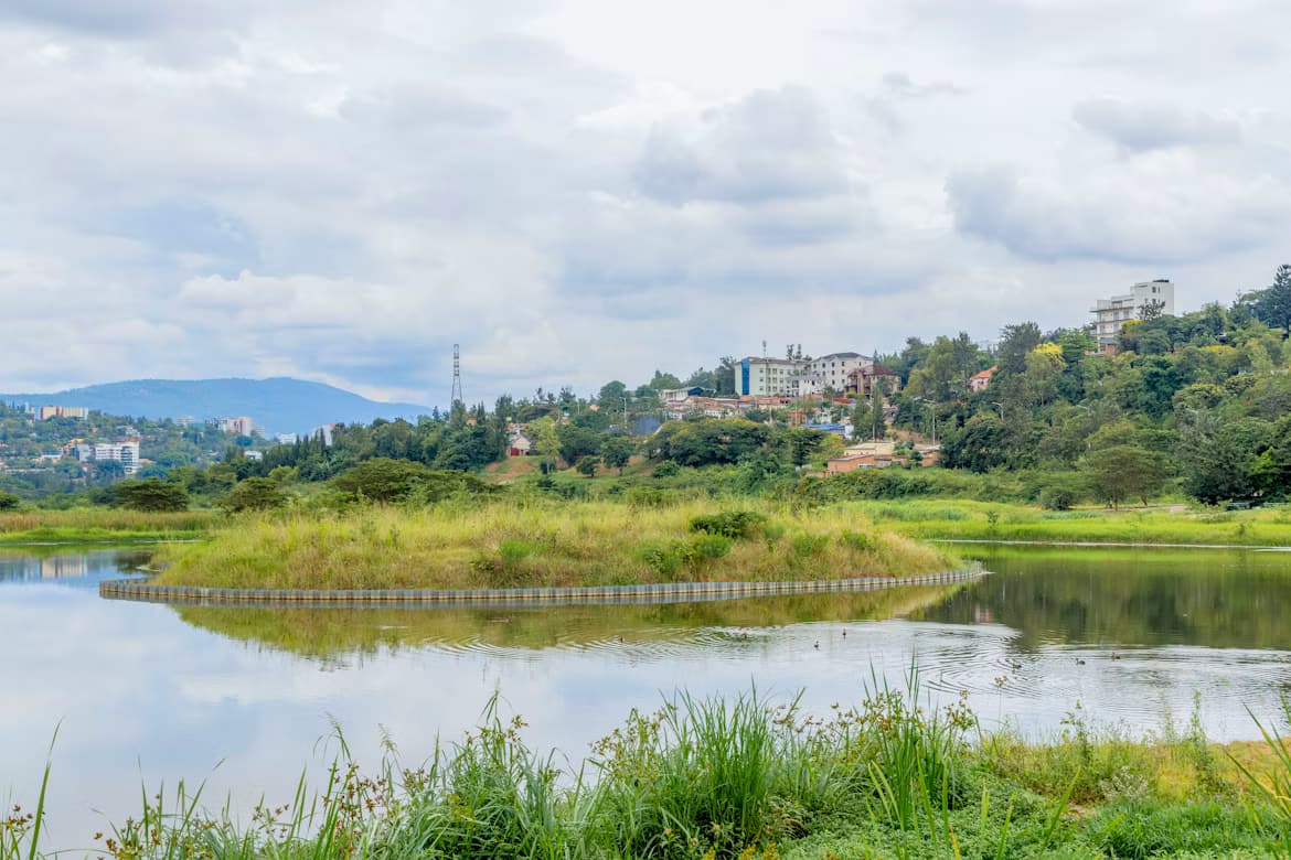 Lake and wetland with hills in the background in Rwanda