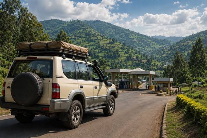 Land Cruiser with rooftop tent parked among Rwandan highlands