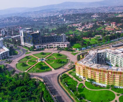 Aerial view of Kigali's business district and central roundabout